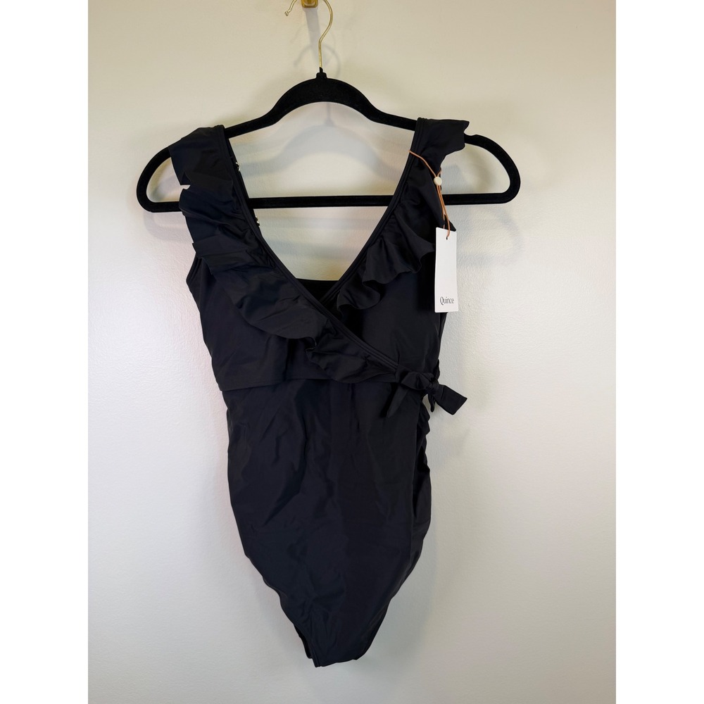 Quince Black Italian Matte Recycled Ruffle Wrap One-Piece Swimsuit NWT Size S